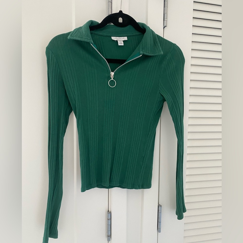 Topshop green ribbed top with zipper neckline